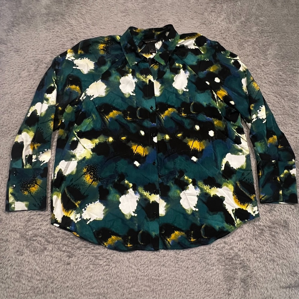 Investments Button Up Top‎ Shirt Blurred Abstract Long Sleeve Casual Women's L